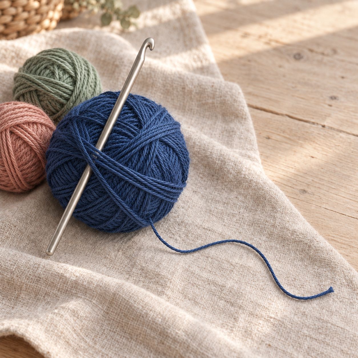 Indigo, sage and clay cotton yarn on linen with a crochet hook
