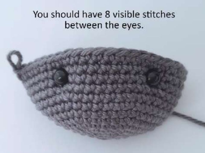 Crochet bat head with two safety eyes and 8 stitches between them