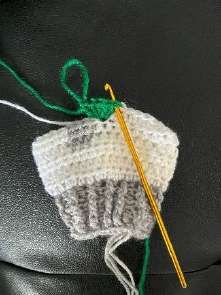 Hook taken out of the loop and inserted through the first of the five green stitches