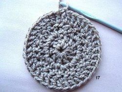 Flat gray crochet circle of three rounds with no visible seam