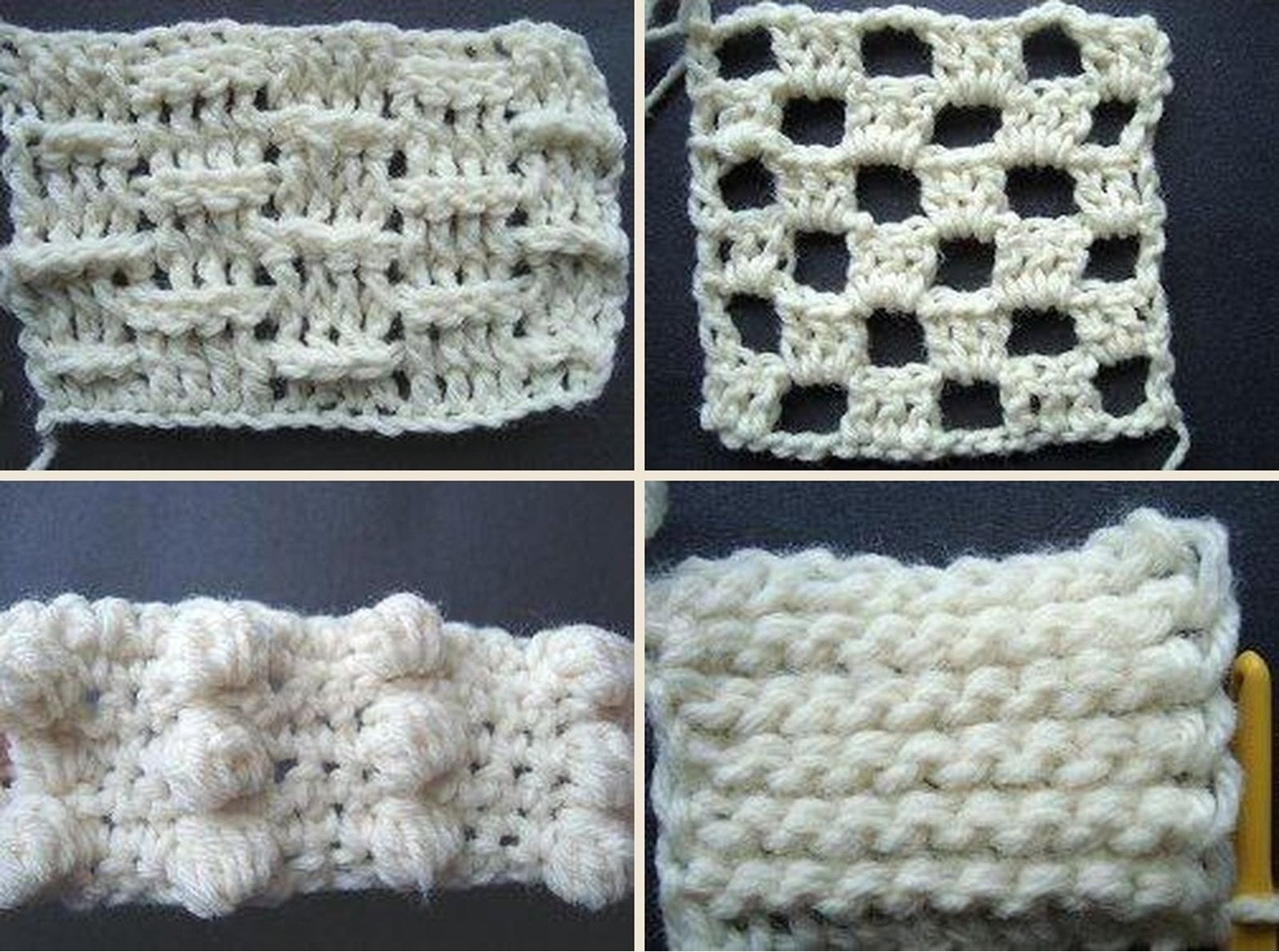 Four crochet stitch swatches showing contrasting textures and colors.