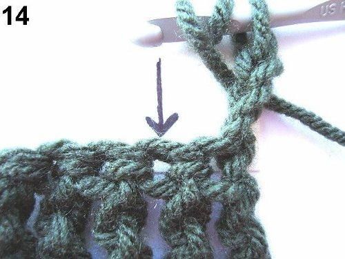 Arrow pointing to the second stitch of a row of treble crochet