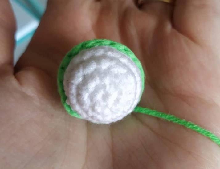 Crochet frog eye: a white dome with a green rim and a long green tail