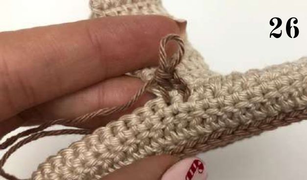 Brown yarn joined at the side of the crochet shoe for the upper part